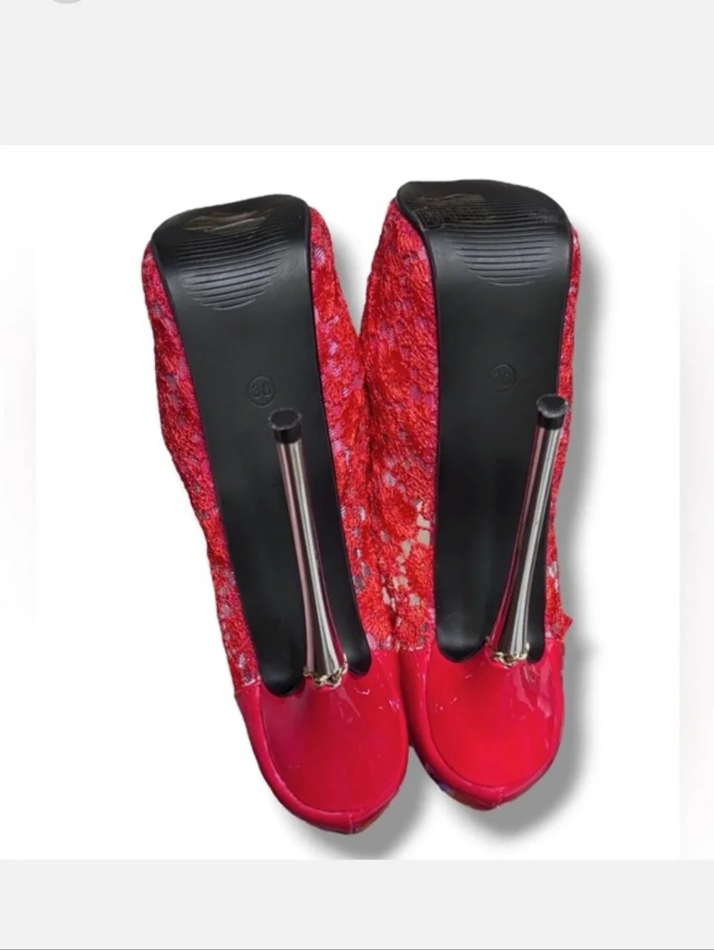 GETMOREBEAUTY Red Lace & Patent Leather Platform Stilettos Ankle Strap Size 36/6